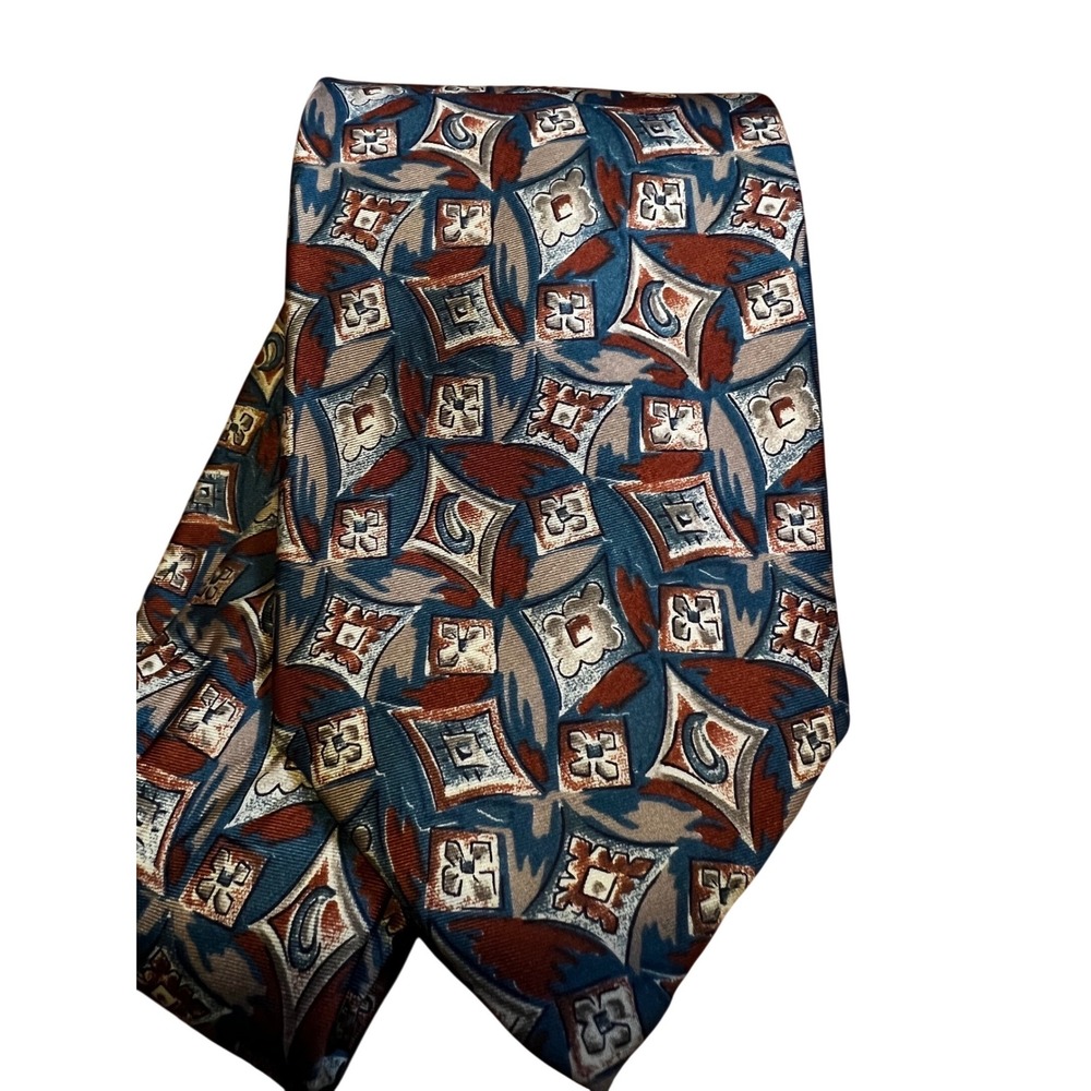 Saddlebred Geometric Abstract Necktie Mens Blue Rust Tan EUC Classic Silk Blend